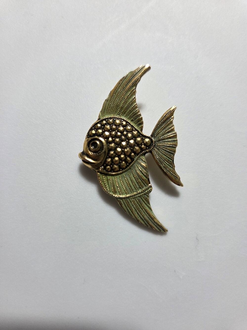 Vintage West Germany Angel Fish Brooch Green Accent Gold Tone Figural Pin